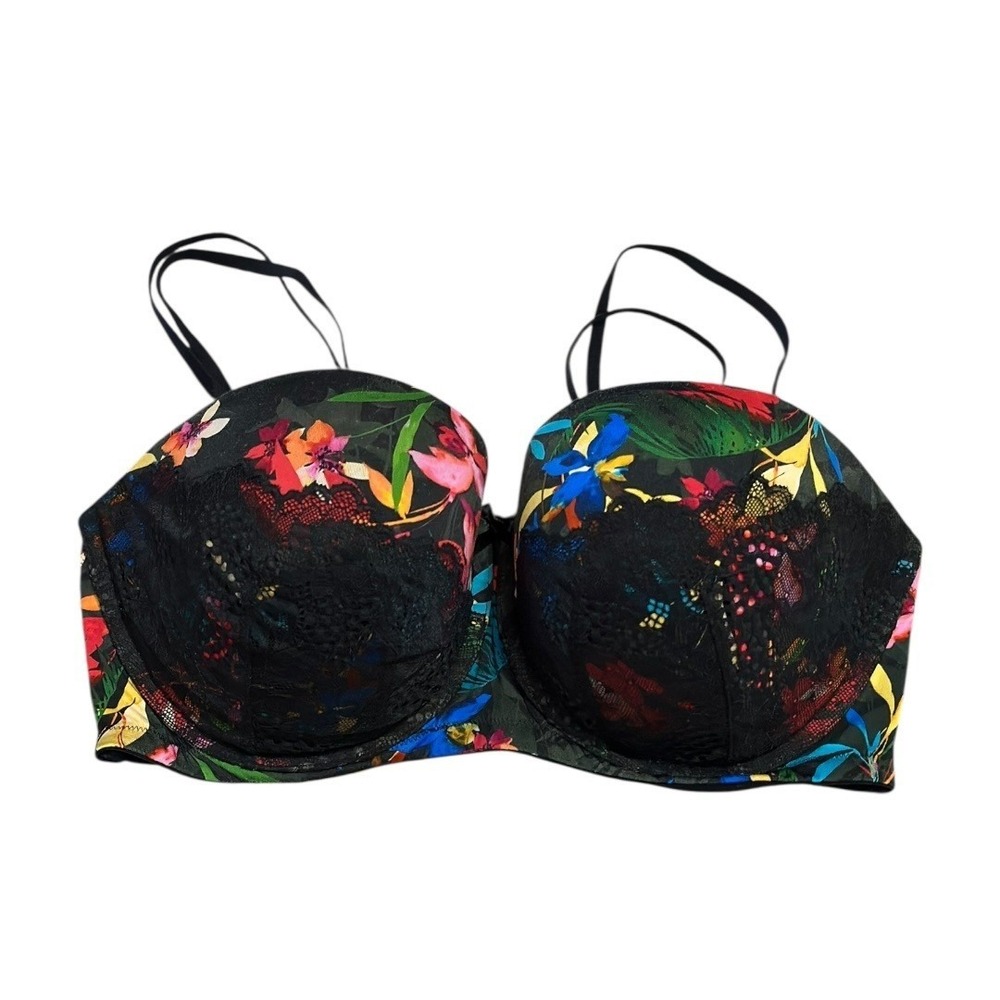 Cacique Boost‎ Strapless Multi-way Bra Black Floral Lace Underwire Size 38F